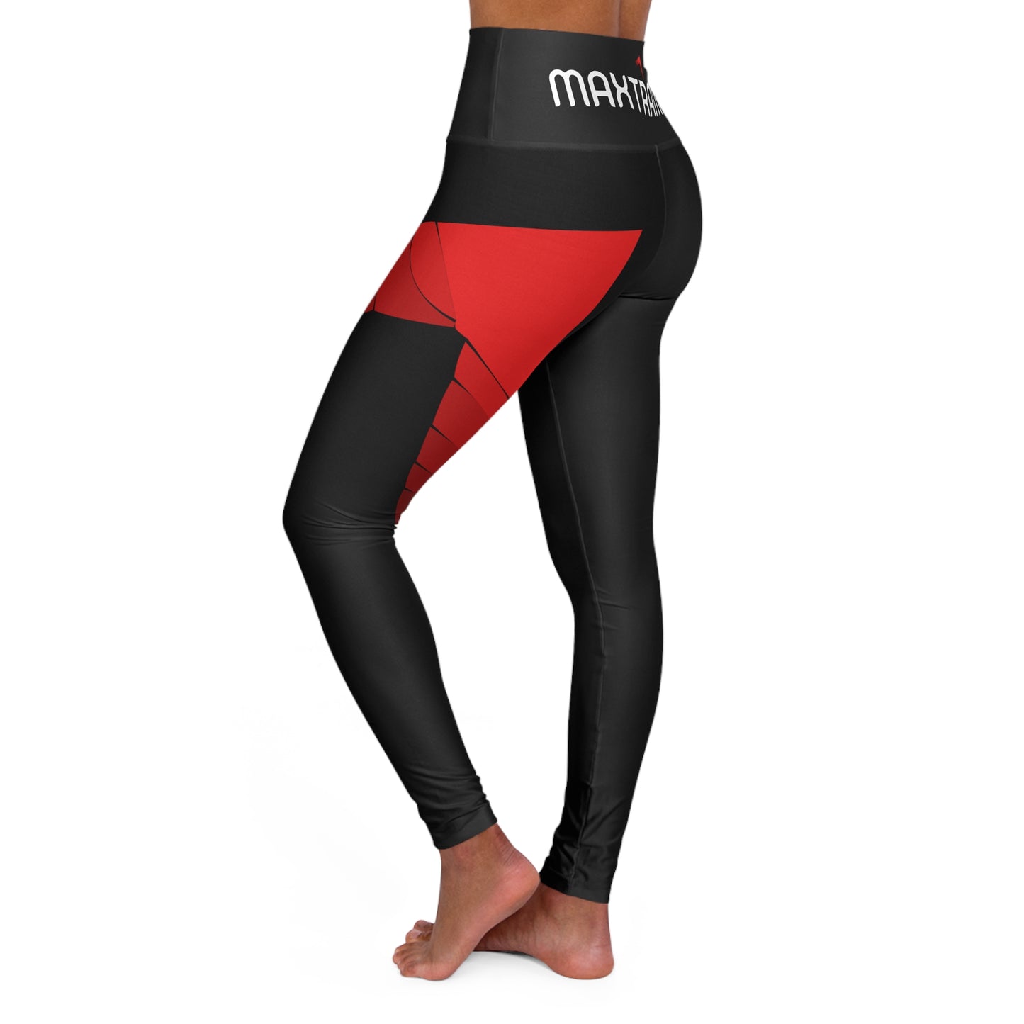High-Waist Yoga Leggings — Black with Red Geometric Accent
