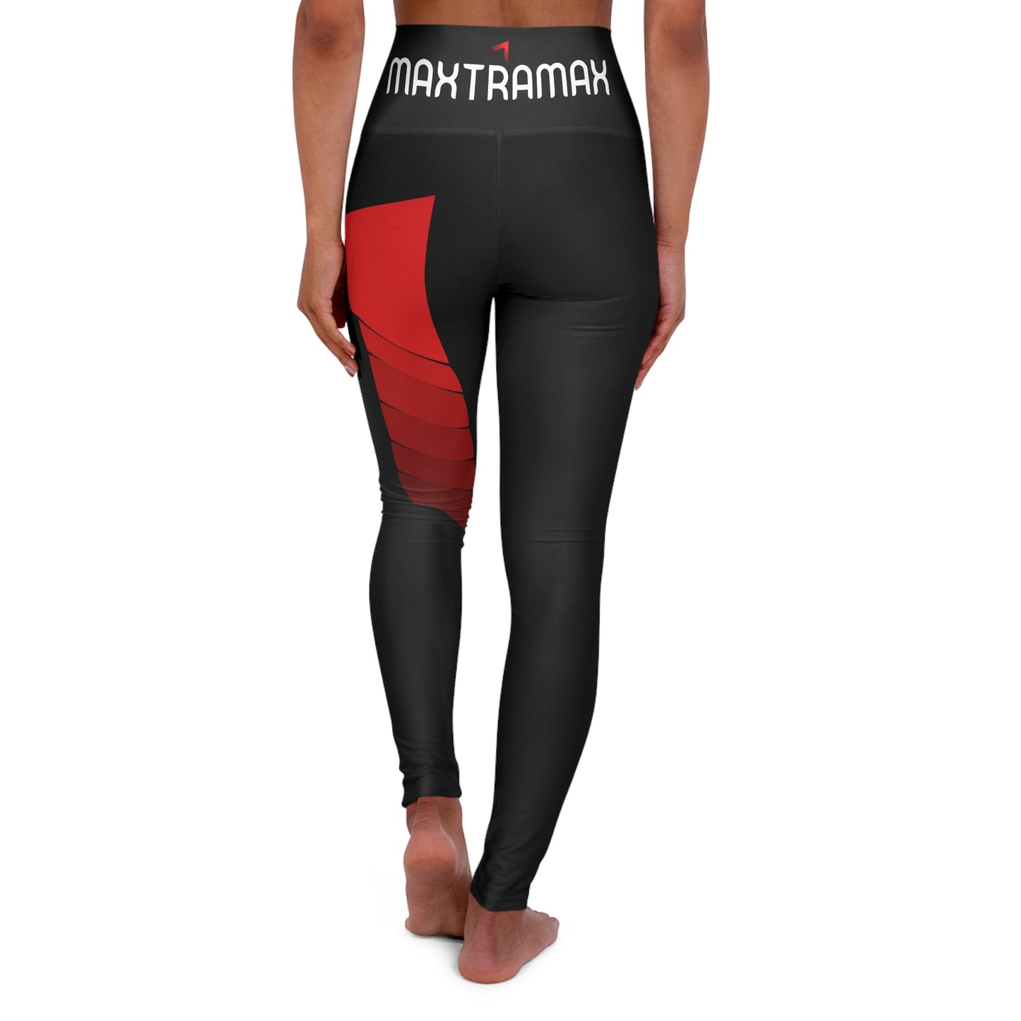 High-Waist Yoga Leggings — Black with Red Geometric Accent