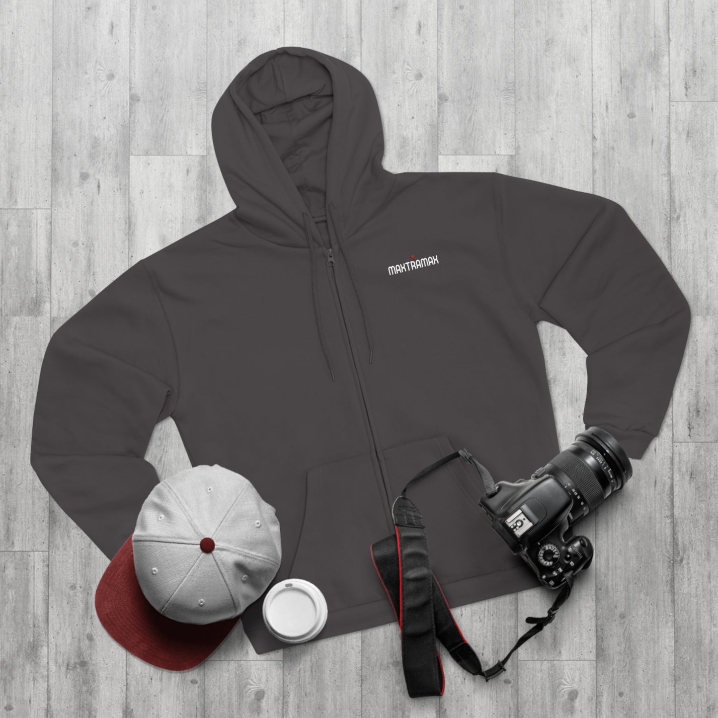 Zip Hoodie with Red Chevron Back Graphic — Modern Streetwear Zip-Up