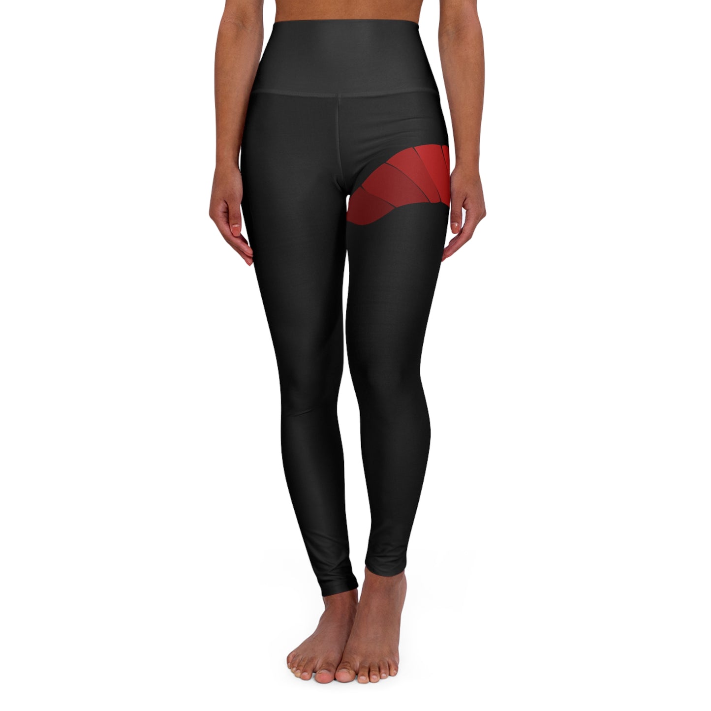 High-Waist Yoga Leggings — Black with Red Geometric Accent