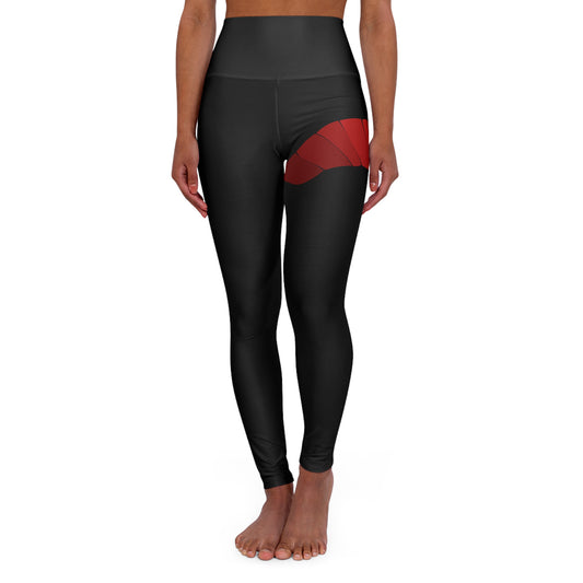 High-Waist Yoga Leggings — Black with Red Geometric Accent